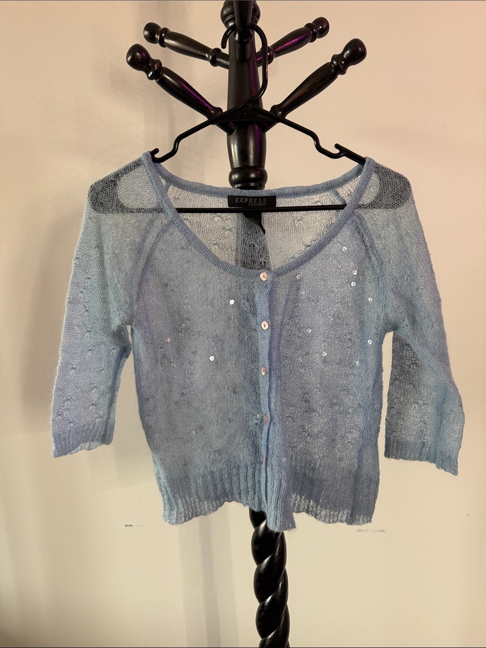Express Light Blue Sequin Trim Sheer Knit Cardigan